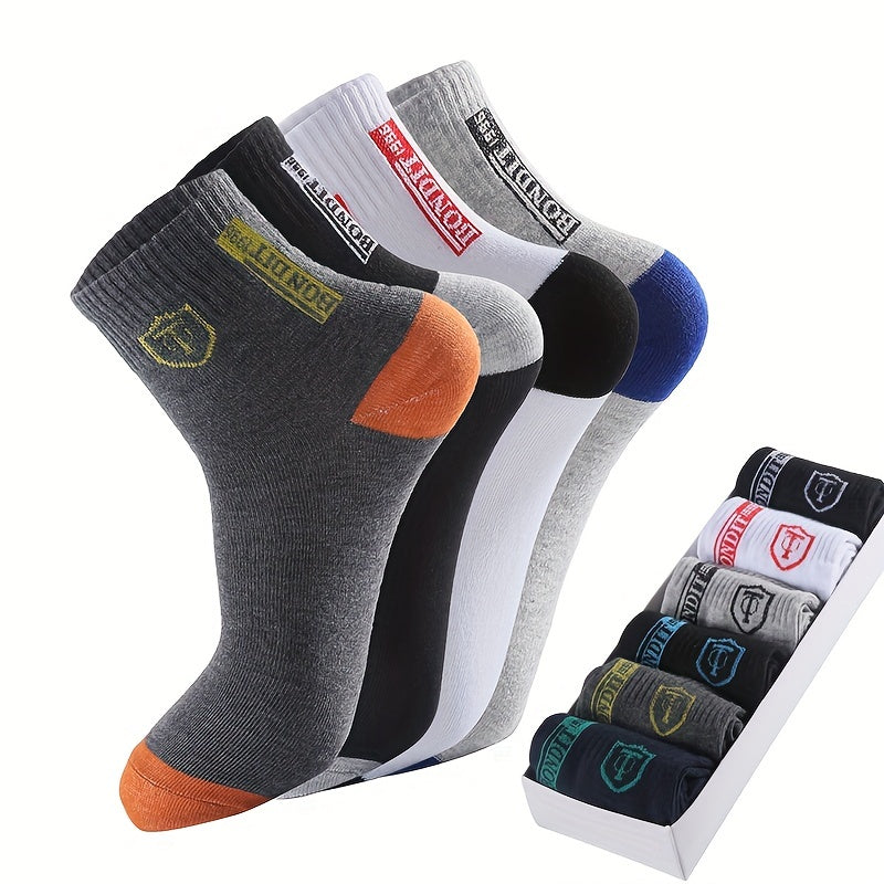 [Breathable Crew Socks] 6pcs LIJIE Men's Breathable Crew Socks | Comfortable Polyester & Spandex Blend, Casual Business Style with Letter Print, Assorted Colors, Versatile Dress Socks