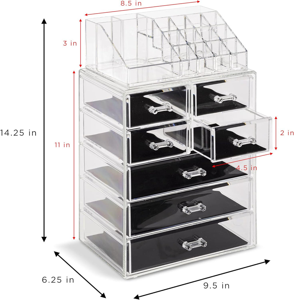 Acrylic Makeup Organizer Set, 7-Drawer Vanity & Countertop Cosmetic Storage with Small & Wide Compartments, Clear Makeup Storage for Brushes, Lipsticks, Jewelry – Holiday Gift for Women & Teens