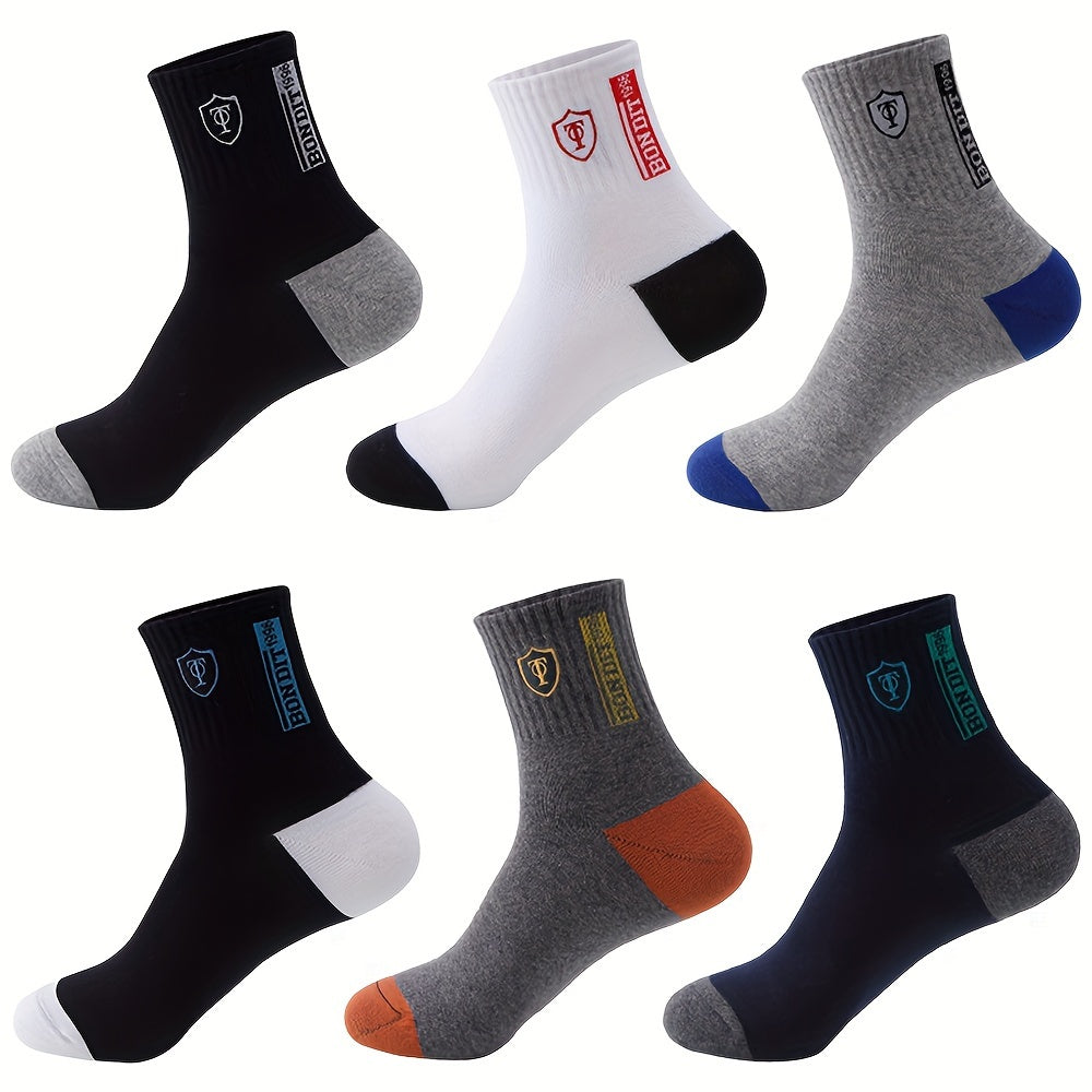 [Breathable Crew Socks] 6pcs LIJIE Men's Breathable Crew Socks | Comfortable Polyester & Spandex Blend, Casual Business Style with Letter Print, Assorted Colors, Versatile Dress Socks