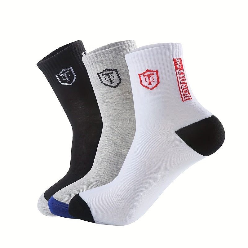 [Breathable Crew Socks] 6pcs LIJIE Men's Breathable Crew Socks | Comfortable Polyester & Spandex Blend, Casual Business Style with Letter Print, Assorted Colors, Versatile Dress Socks