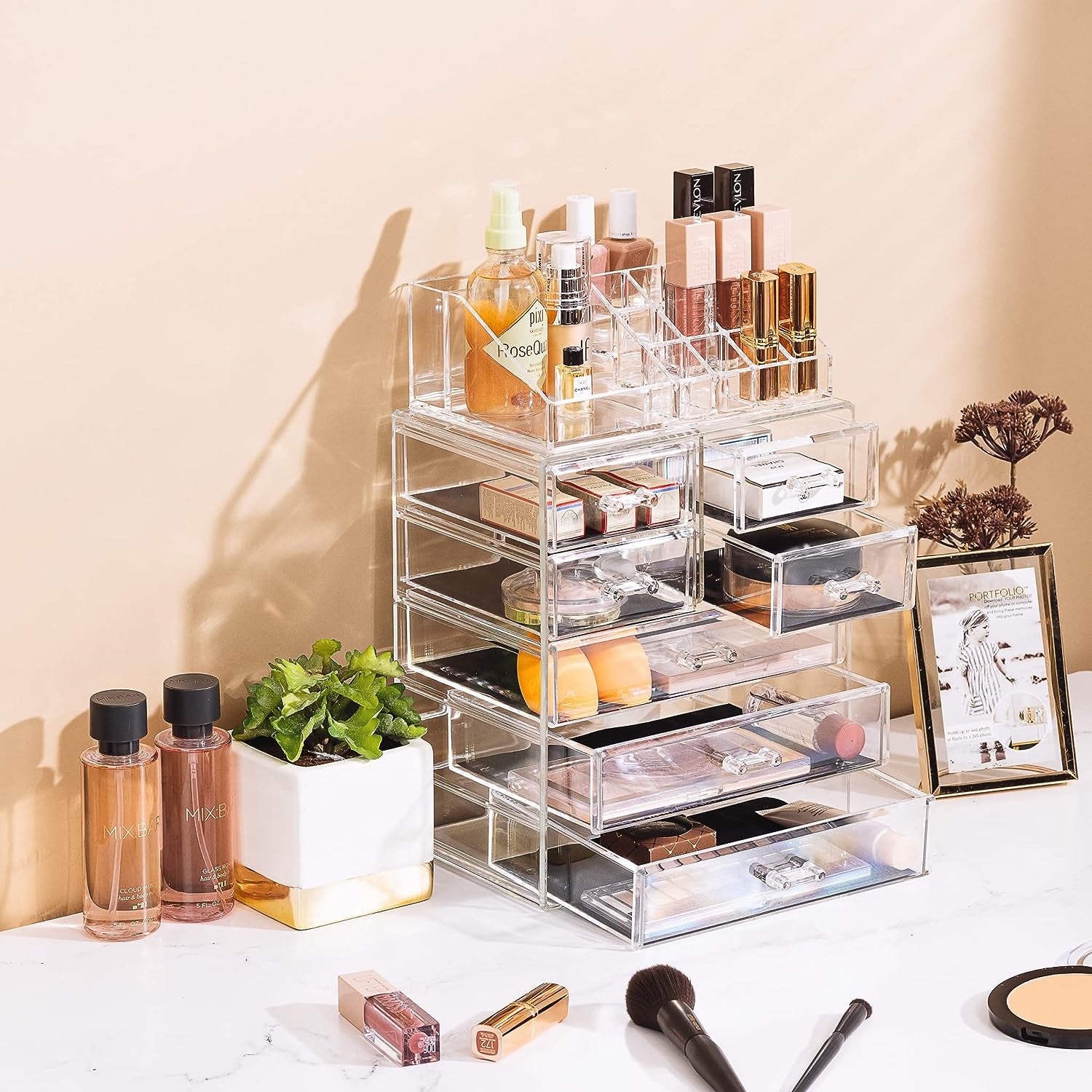 Acrylic Makeup Organizer Set, 7-Drawer Vanity & Countertop Cosmetic Storage with Small & Wide Compartments, Clear Makeup Storage for Brushes, Lipsticks, Jewelry – Holiday Gift for Women & Teens