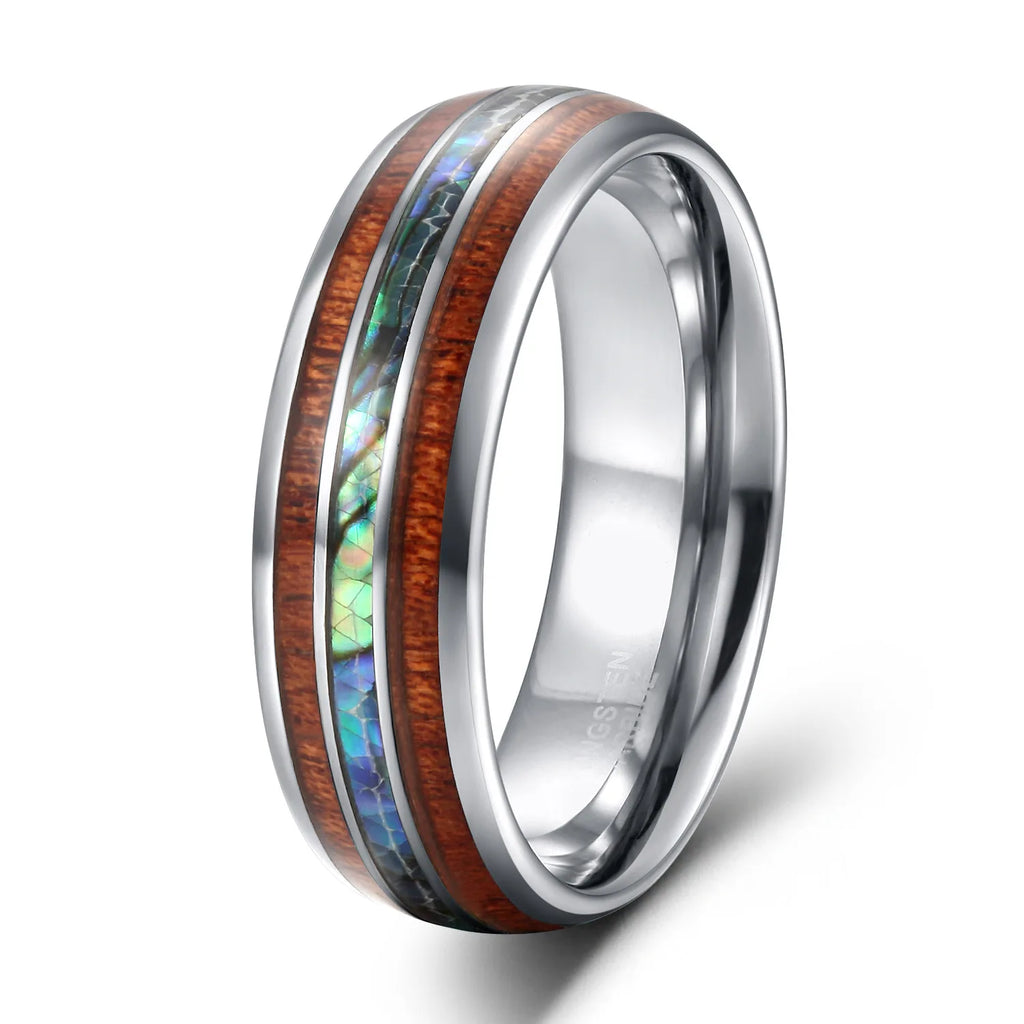 POYA Hot Selling 8mm Hawaiian Koa Wood Abalone Shell Inlay Classic Men's Tungsten Carbide Ring Comfort Fit Fashion Jewelry