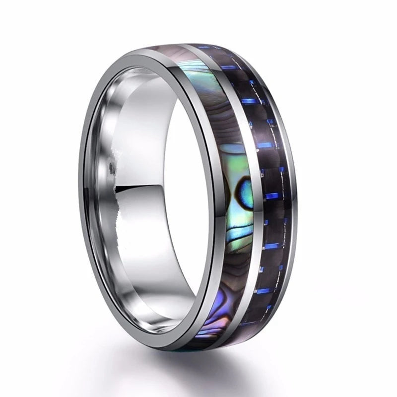 8mm Luxury Tungsten Carbide Ring Blue Fire Opal & Shell Inlay For Men Women Wedding Engagement Ring Bague Homme
