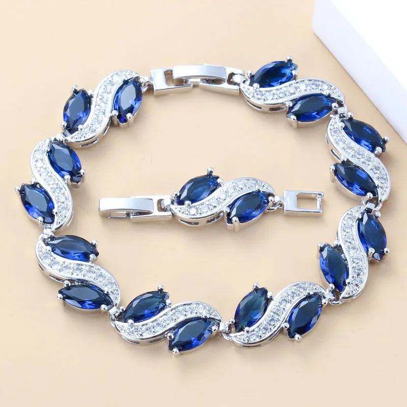 925 Silver Wedding Elegant Women Bridal Fine Jewelry With Natural Stone CZ Blue Bracelet Ring Earrings For Women Necklace Sets