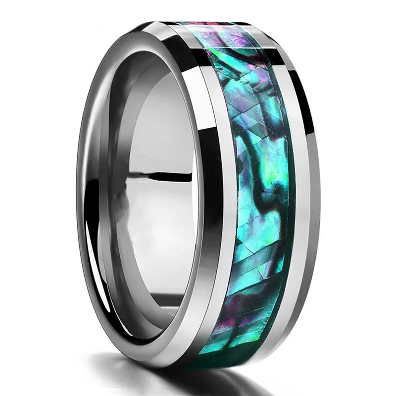 8mm Luxury Tungsten Carbide Ring Blue Fire Opal & Shell Inlay For Men Women Wedding Engagement Ring Bague Homme