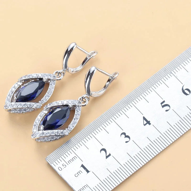 925 Silver Wedding Elegant Women Bridal Fine Jewelry With Natural Stone CZ Blue Bracelet Ring Earrings For Women Necklace Sets