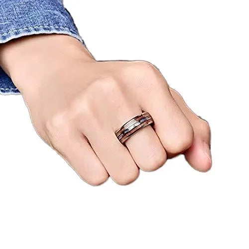 POYA Hot Selling 8mm Hawaiian Koa Wood Abalone Shell Inlay Classic Men's Tungsten Carbide Ring Comfort Fit Fashion Jewelry