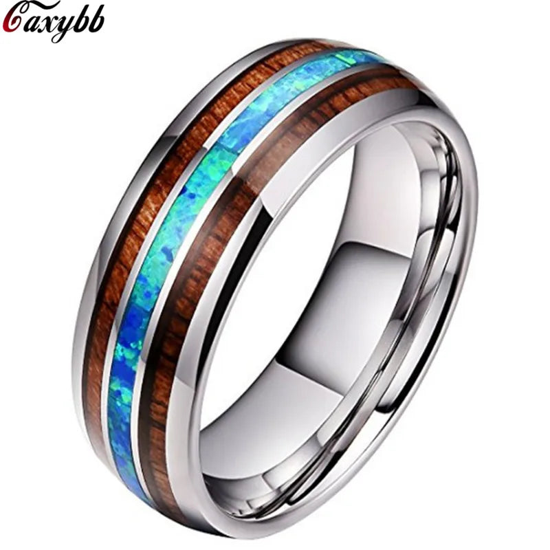 8mm Luxury Tungsten Carbide Ring Blue Fire Opal & Shell Inlay For Men Women Wedding Engagement Ring Bague Homme