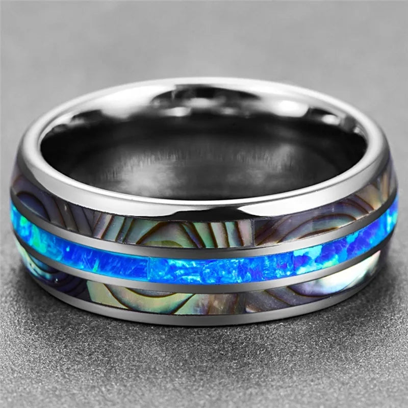 8mm Luxury Tungsten Carbide Ring Blue Fire Opal & Shell Inlay For Men Women Wedding Engagement Ring Bague Homme