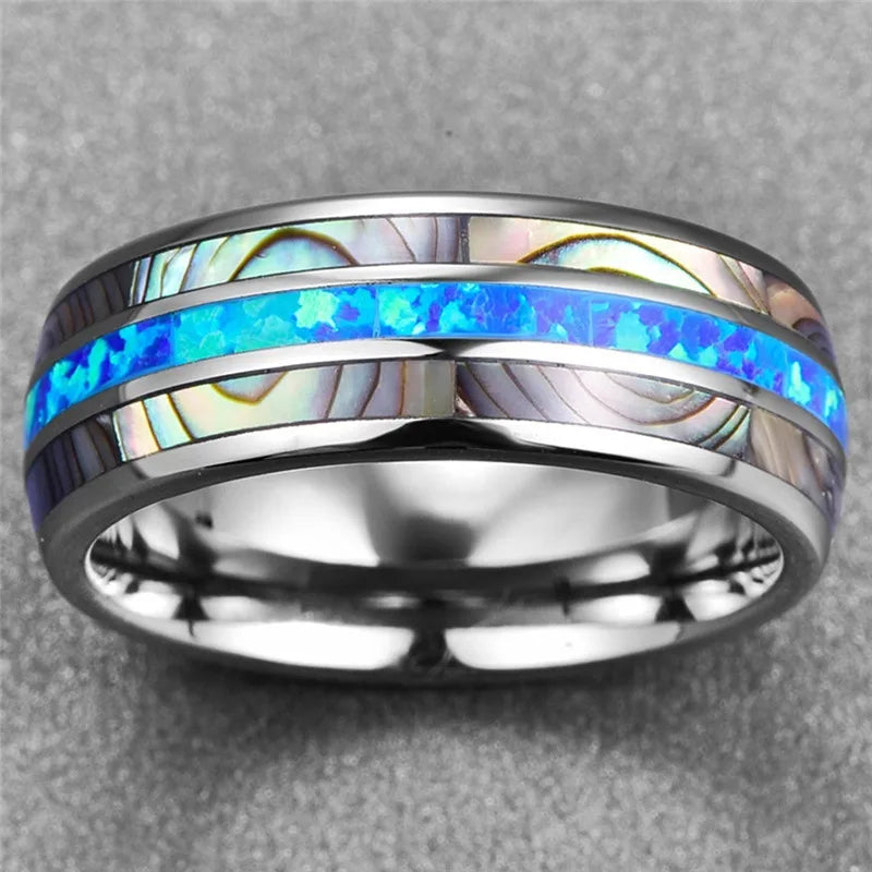 8mm Luxury Tungsten Carbide Ring Blue Fire Opal & Shell Inlay For Men Women Wedding Engagement Ring Bague Homme