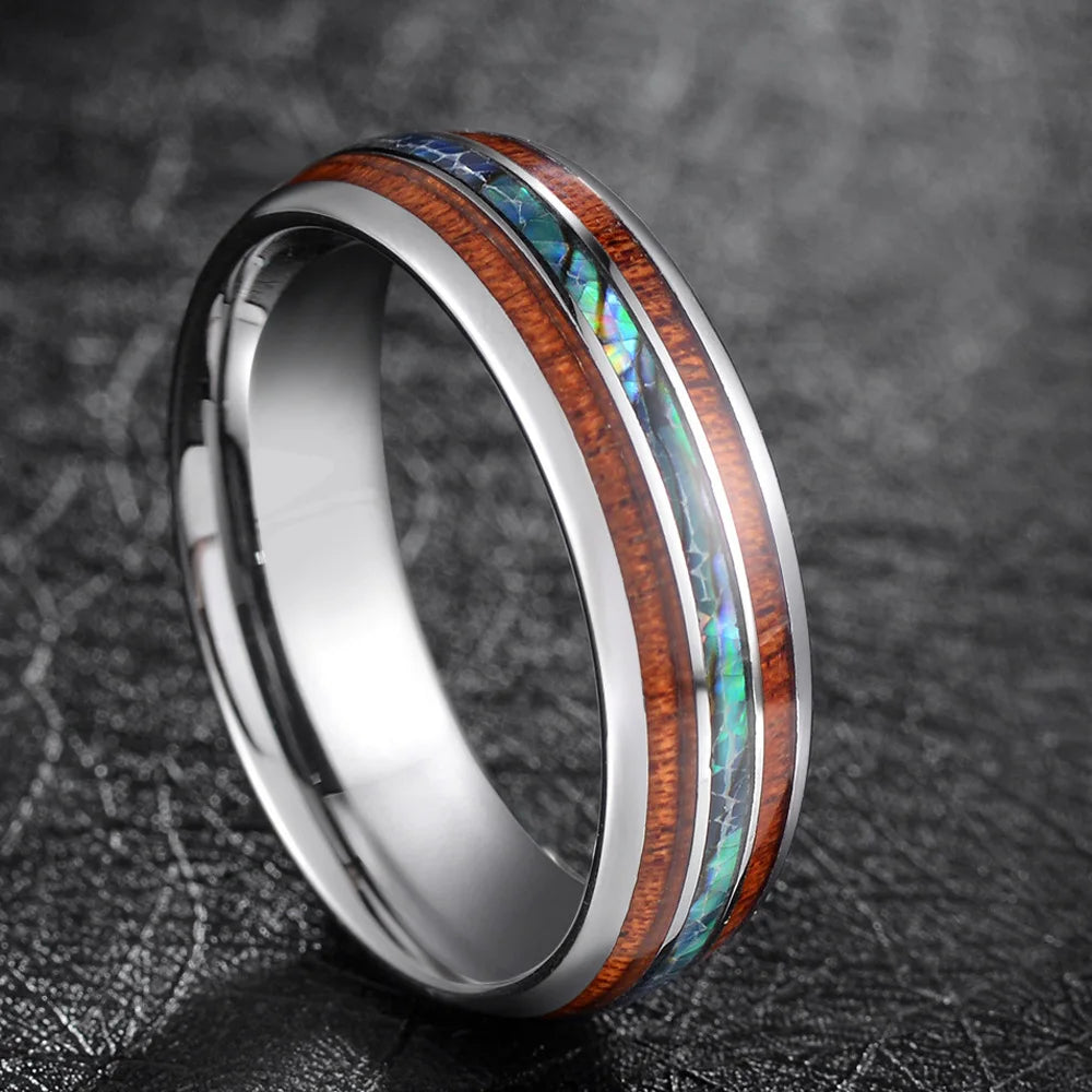 POYA Hot Selling 8mm Hawaiian Koa Wood Abalone Shell Inlay Classic Men's Tungsten Carbide Ring Comfort Fit Fashion Jewelry