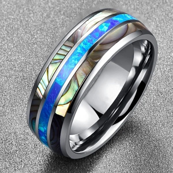 8mm Luxury Tungsten Carbide Ring Blue Fire Opal & Shell Inlay For Men Women Wedding Engagement Ring Bague Homme