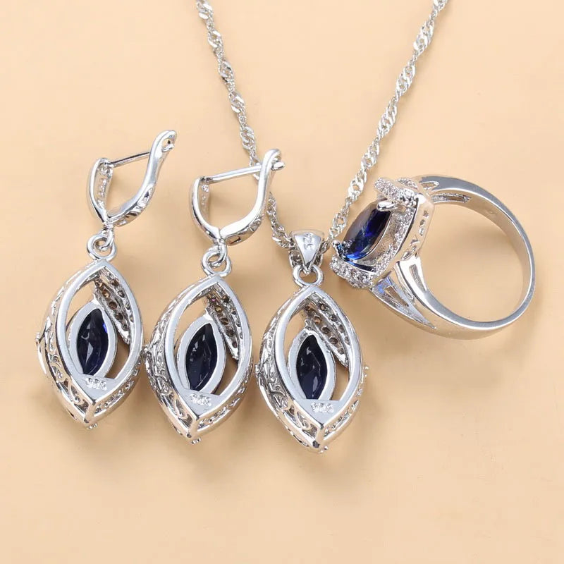 925 Silver Wedding Elegant Women Bridal Fine Jewelry With Natural Stone CZ Blue Bracelet Ring Earrings For Women Necklace Sets