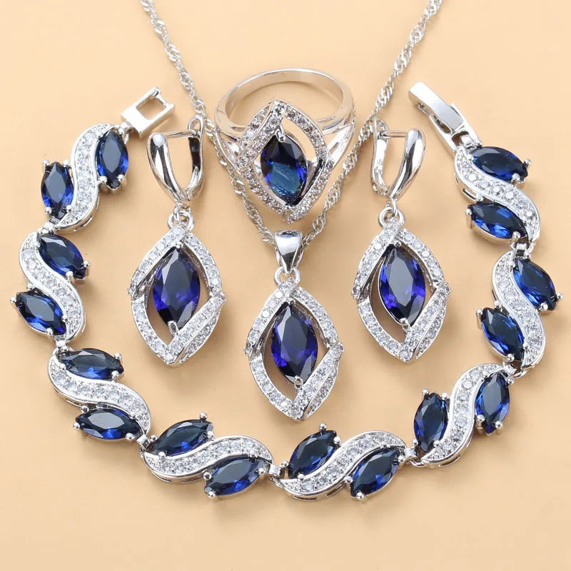 925 Silver Wedding Elegant Women Bridal Fine Jewelry With Natural Stone CZ Blue Bracelet Ring Earrings For Women Necklace Sets