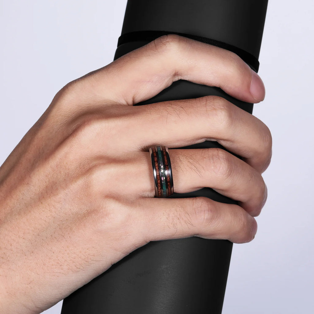 POYA Hot Selling 8mm Hawaiian Koa Wood Abalone Shell Inlay Classic Men's Tungsten Carbide Ring Comfort Fit Fashion Jewelry