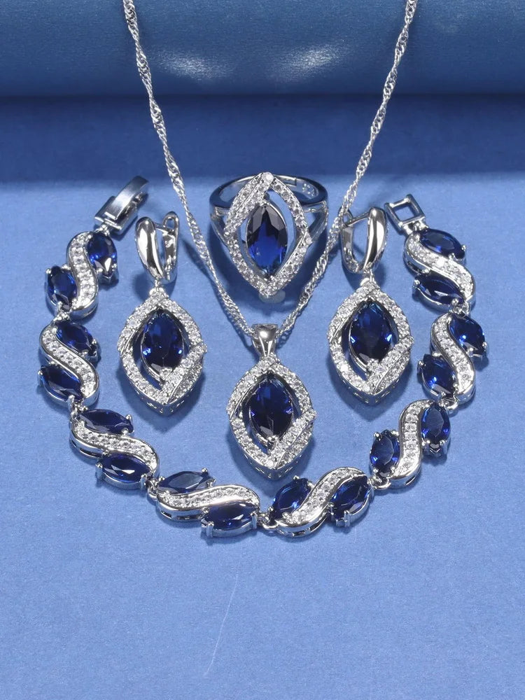 925 Silver Wedding Elegant Women Bridal Fine Jewelry With Natural Stone CZ Blue Bracelet Ring Earrings For Women Necklace Sets