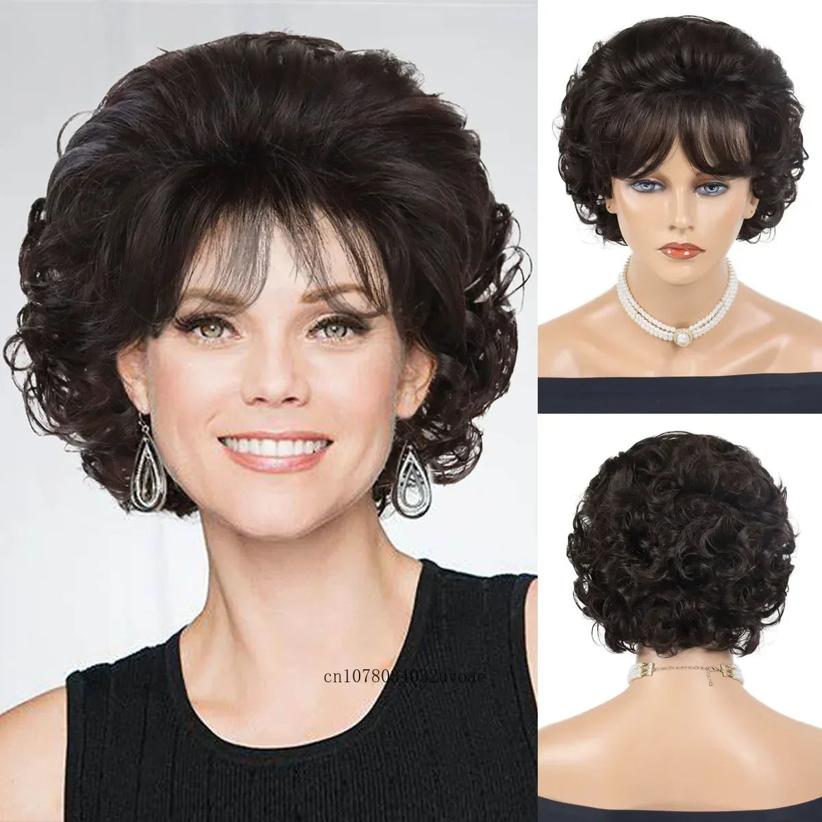 Brown Curly Wig with Bangs Synthetic Short Wigs for Women