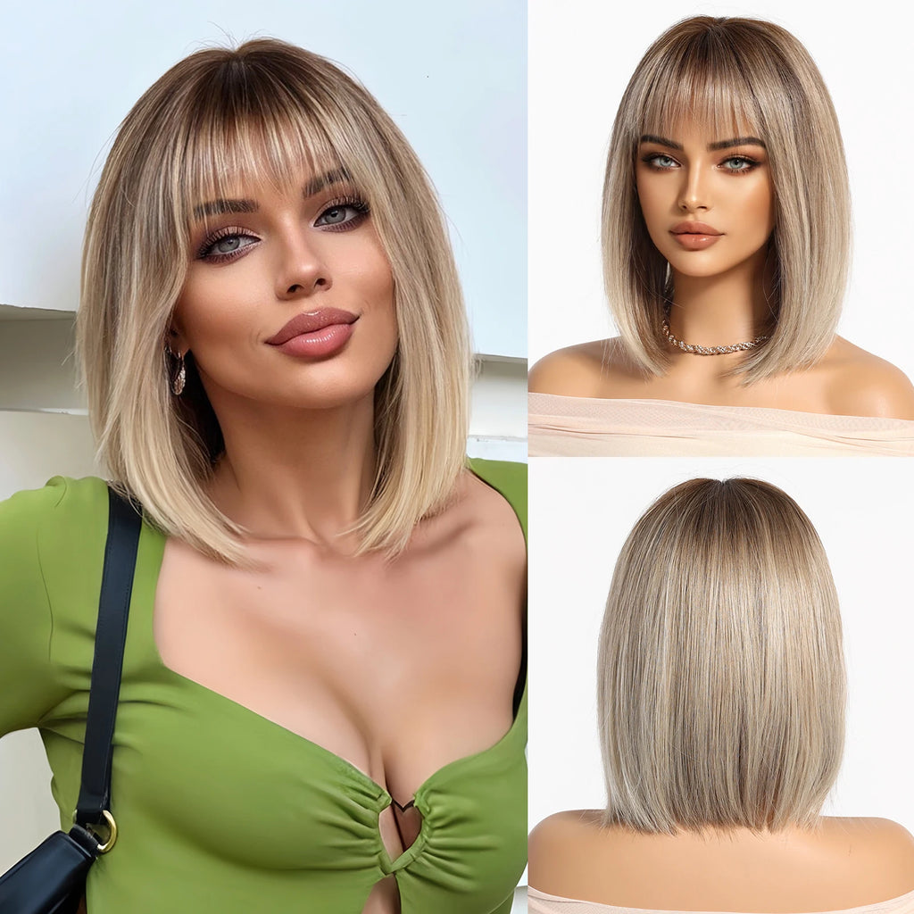 Light Brown Blonde Synthetic Wigs with Bangs for Women