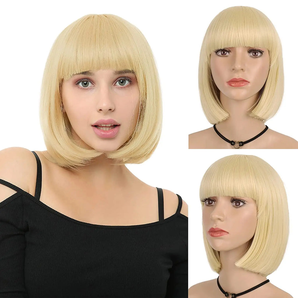 Synthetic 12 Inch Short Bob Black Wig With Bangs for Women