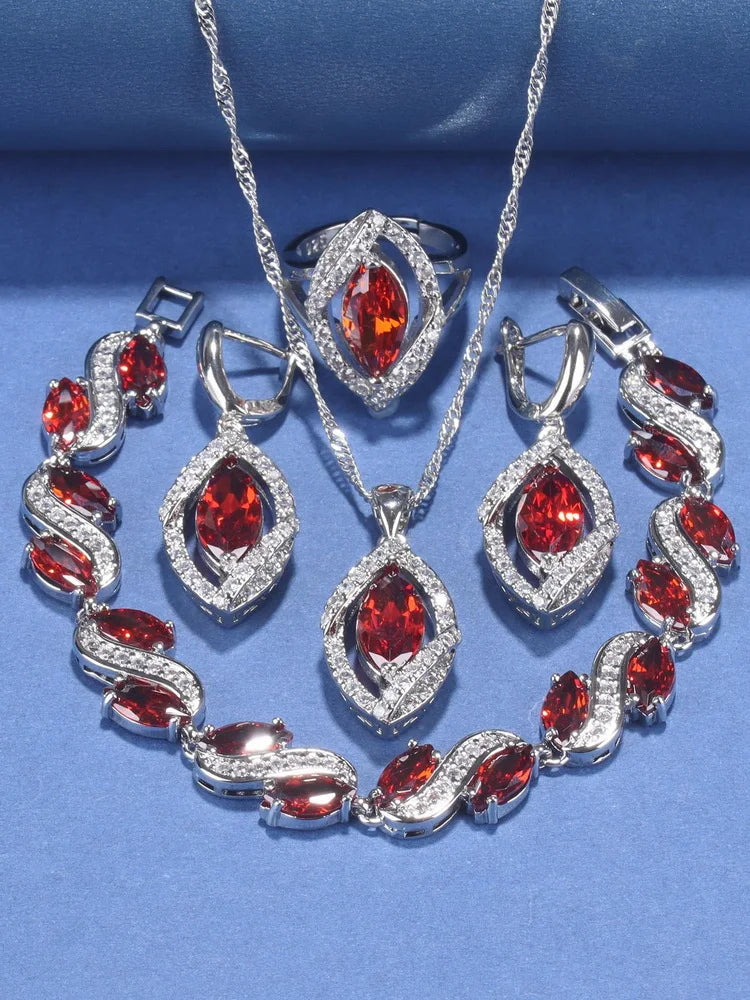 925 Silver Wedding Elegant Women Bridal Fine Jewelry With Natural Stone CZ Blue Bracelet Ring Earrings For Women Necklace Sets