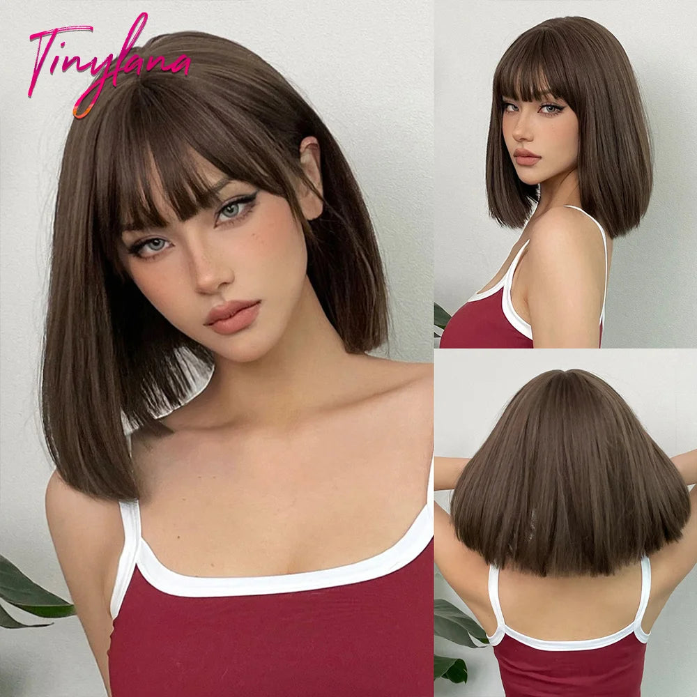 Light Brown Blonde Synthetic Wigs with Bangs for Women