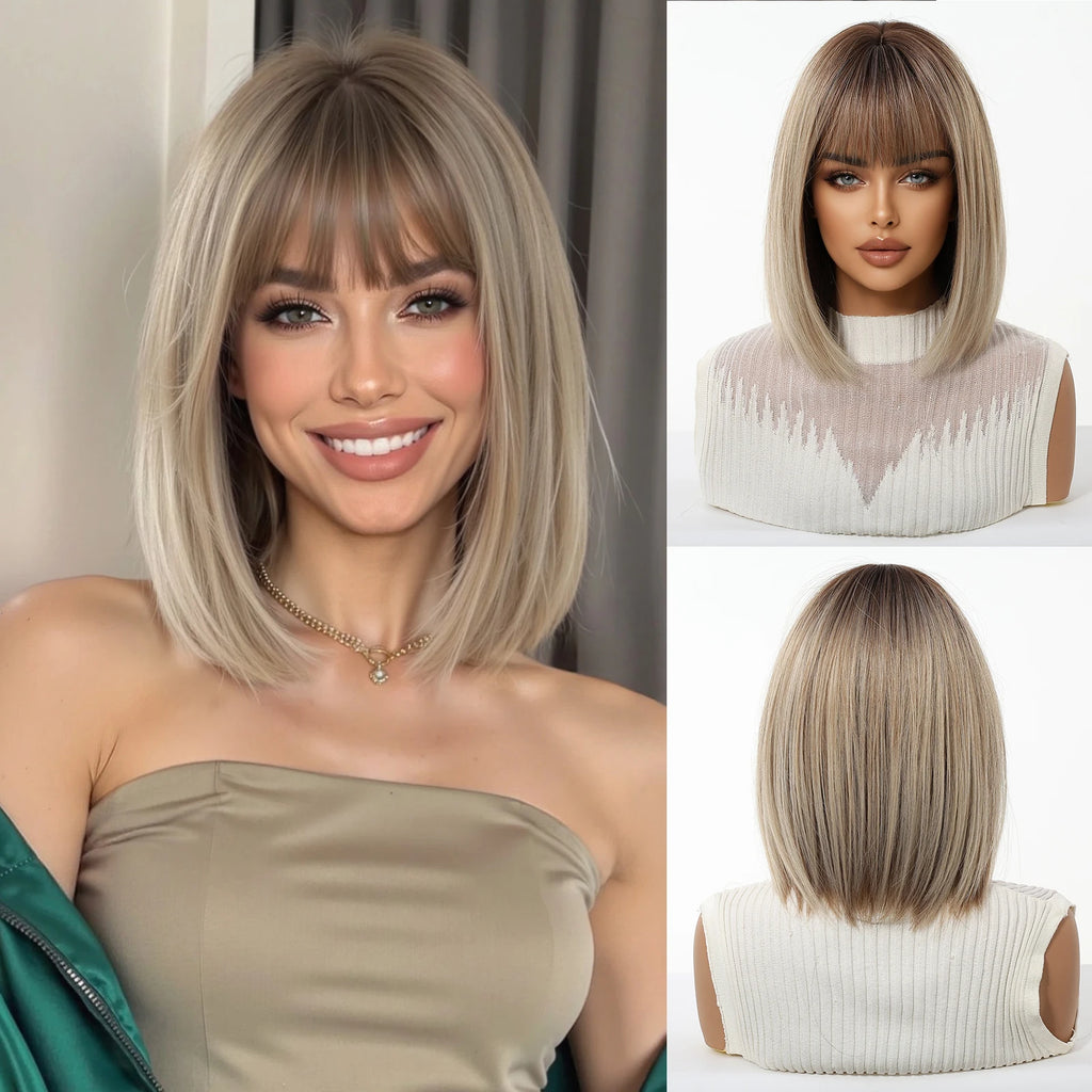 Light Brown Blonde Synthetic Wigs with Bangs for Women