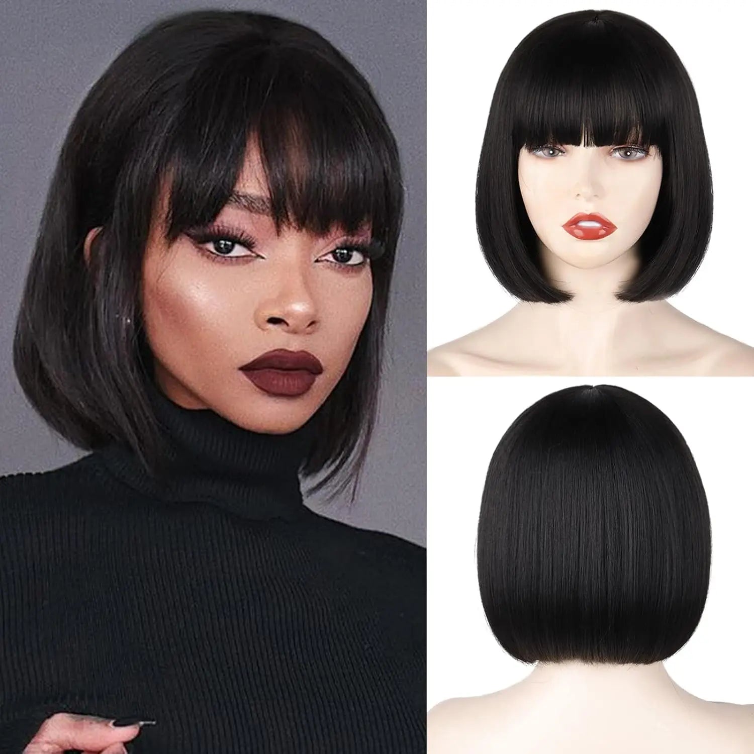 Synthetic 12 Inch Short Bob Black Wig With Bangs for Women