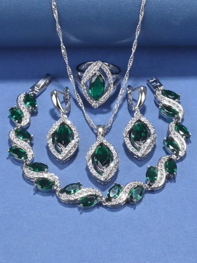 925 Silver Wedding Elegant Women Bridal Fine Jewelry With Natural Stone CZ Blue Bracelet Ring Earrings For Women Necklace Sets