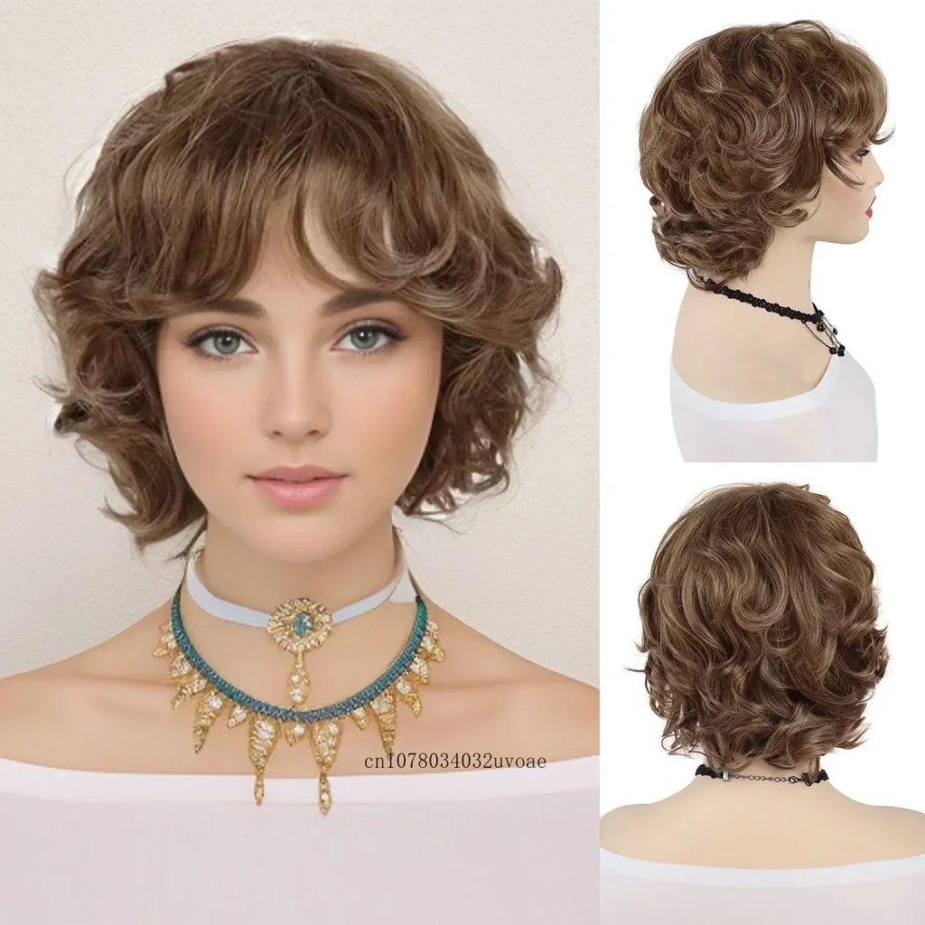 Brown Curly Wig with Bangs Synthetic Short Wigs for Women
