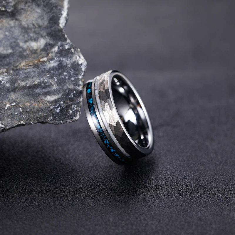 Tigrade 8mm Silver Color Tungsten Wedding Band Rings For Men Deel Antler and Crushed Turquoise Metal Inlay Groove Hammered Ring