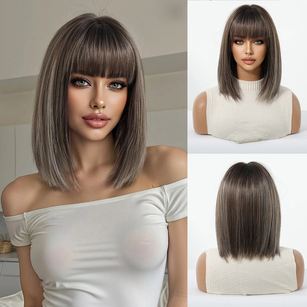 Light Brown Blonde Synthetic Wigs with Bangs for Women