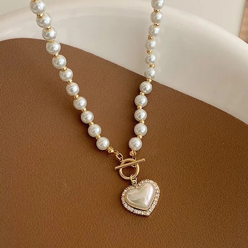 Elegant Pearl Necklace For Women Heart Pendant Necklaces Luxury