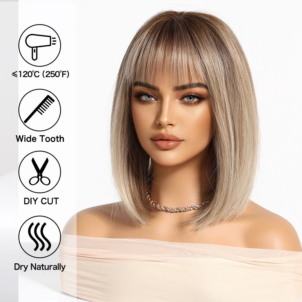 Light Brown Blonde Synthetic Wigs with Bangs for Women