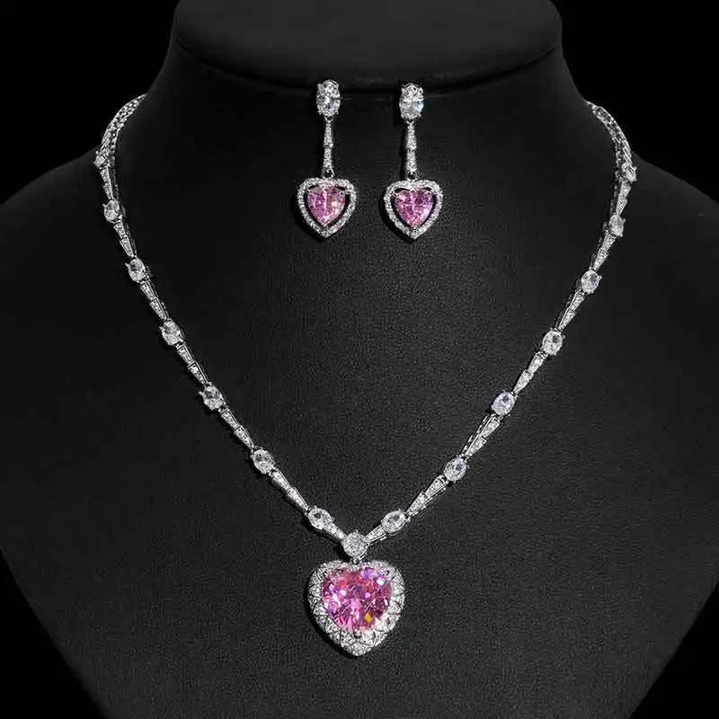 Foydjew 2023 New Trend European and American Fashion Pink Zircon Necklaces Heart-shaped Drop Earring Ring Jewelry Sets For Women