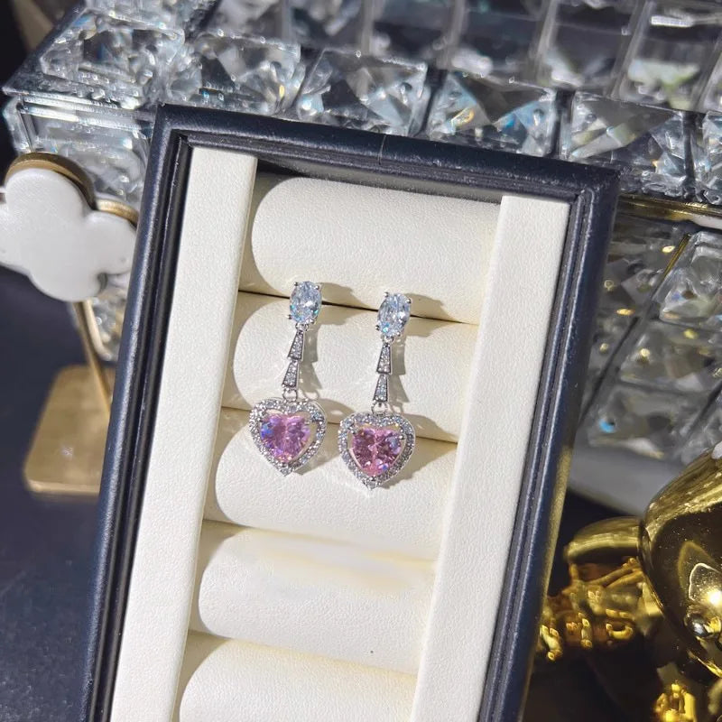 Foydjew 2023 New Trend European and American Fashion Pink Zircon Necklaces Heart-shaped Drop Earring Ring Jewelry Sets For Women