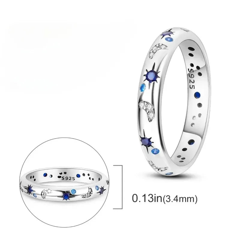 New Celestial Blue Sparkling Moon Sun Star Crystal Ring for Women Fashion Elegant Stackable Finger Band Party Jewelry Gifts