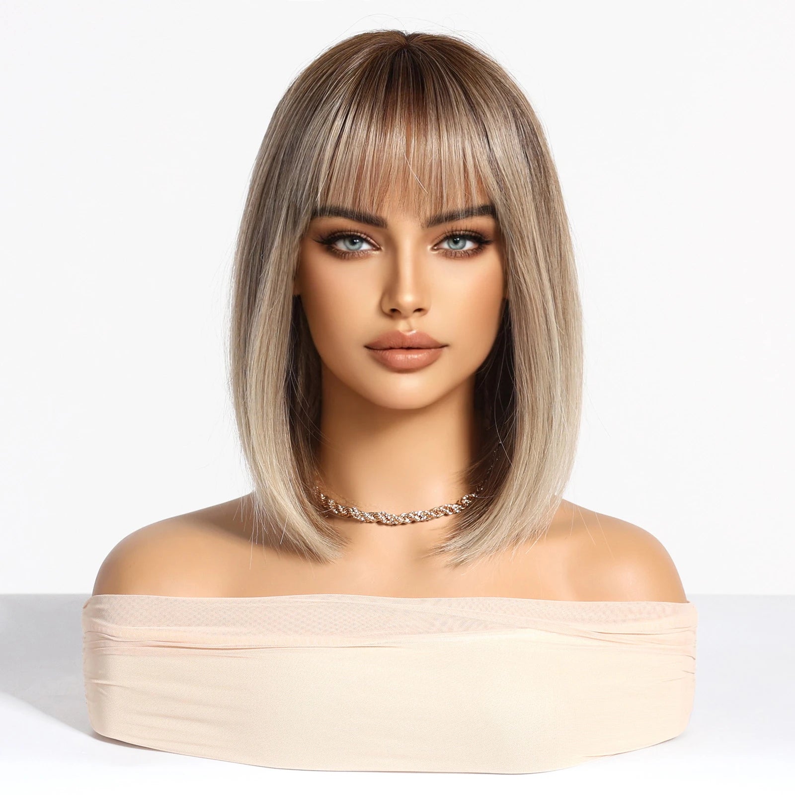 Light Brown Blonde Synthetic Wigs with Bangs for Women