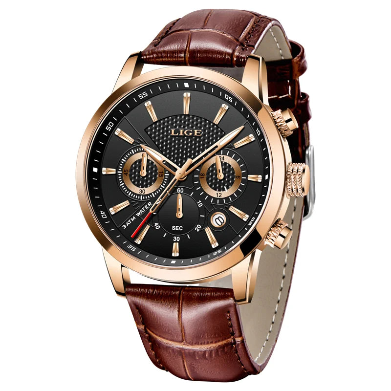 Fashion Men's Watches LIGE Top Brand Leather