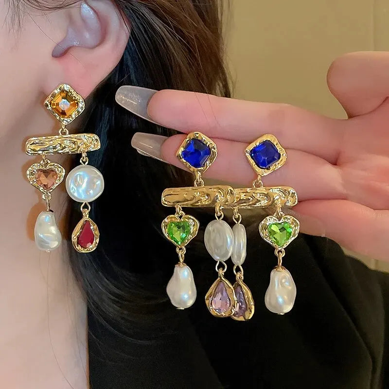 Inlaid Rhinestone Asymmetrical Pearl Earrings for Women Palace Style Retro Fringe Drop Earring Exaggerated Jewelry Wholesale