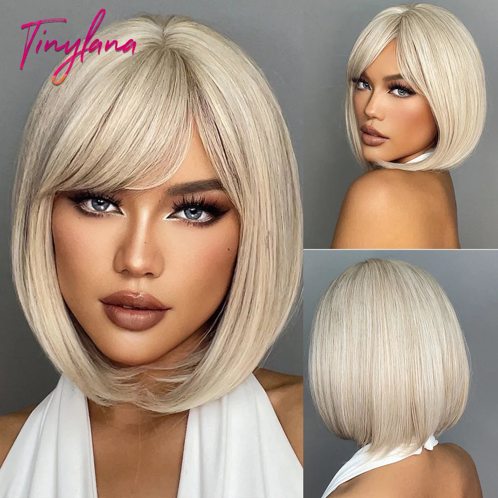 Light Brown Blonde Synthetic Wigs with Bangs for Women