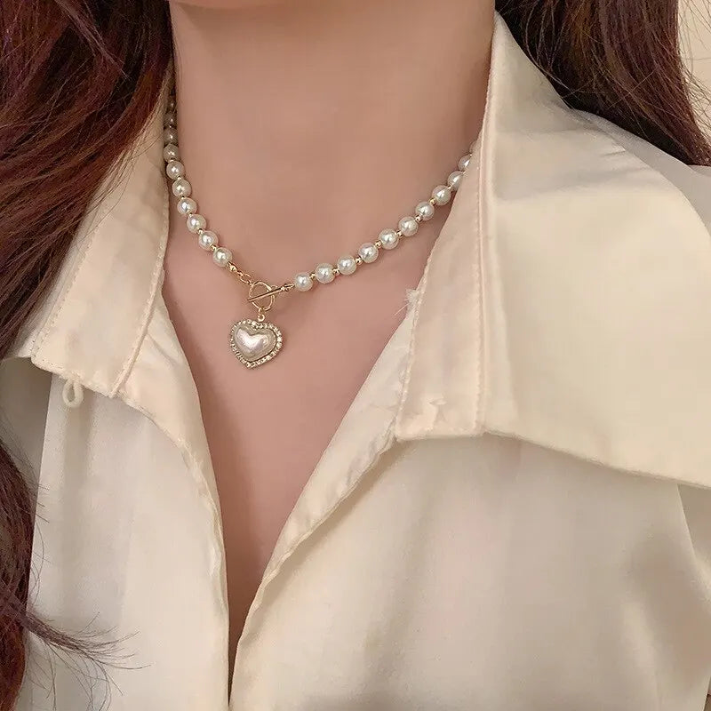 Elegant Pearl Necklace For Women Heart Pendant Necklaces Luxury