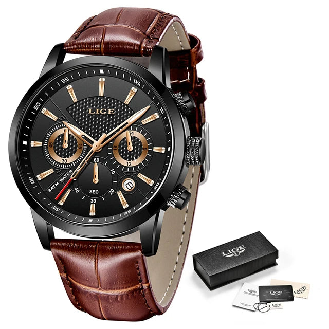 Fashion Men's Watches LIGE Top Brand Leather