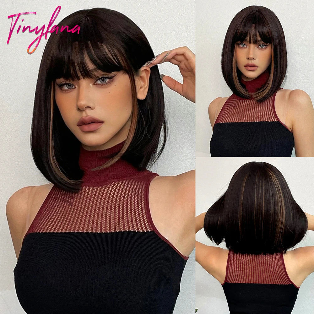 Light Brown Blonde Synthetic Wigs with Bangs for Women