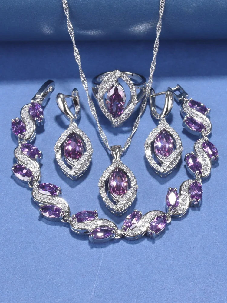 925 Silver Wedding Elegant Women Bridal Fine Jewelry With Natural Stone CZ Blue Bracelet Ring Earrings For Women Necklace Sets