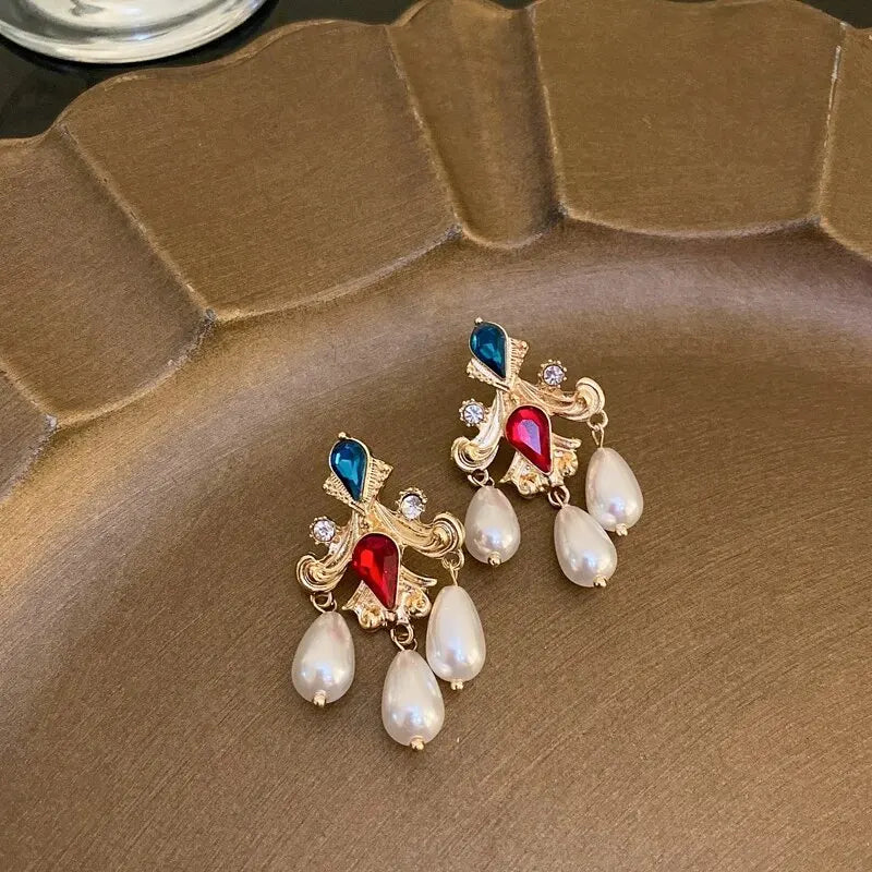 Inlaid Rhinestone Asymmetrical Pearl Earrings for Women Palace Style Retro Fringe Drop Earring Exaggerated Jewelry Wholesale