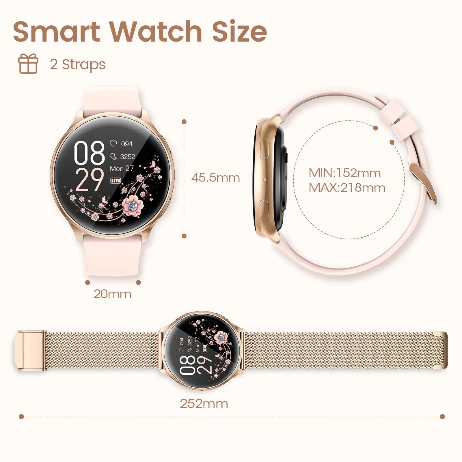 Smart watch for women with phone function, 1.39 inch HD full touch screen with monitor, menstrual cycle, sleep monitoring, pedom