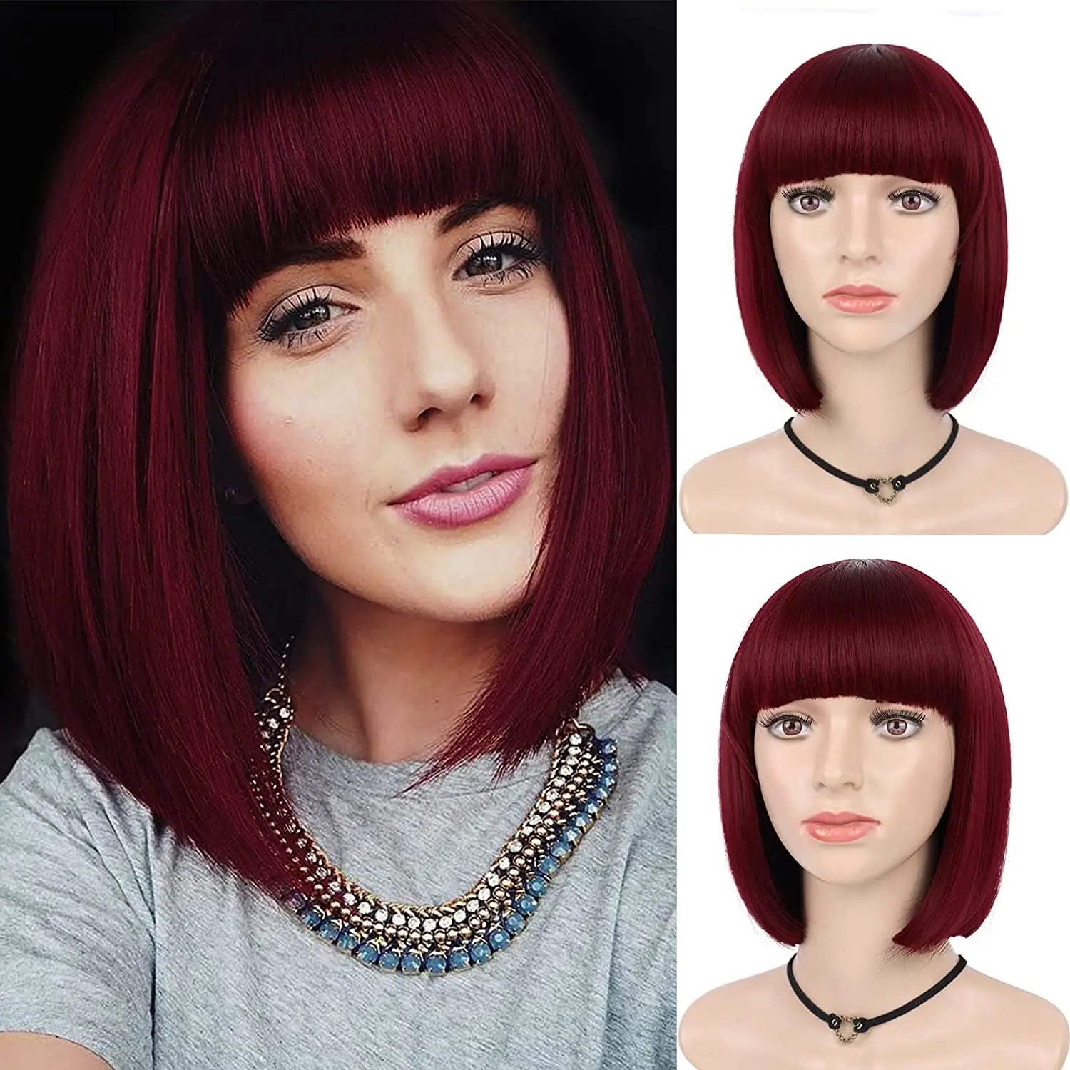 Synthetic 12 Inch Short Bob Black Wig With Bangs for Women