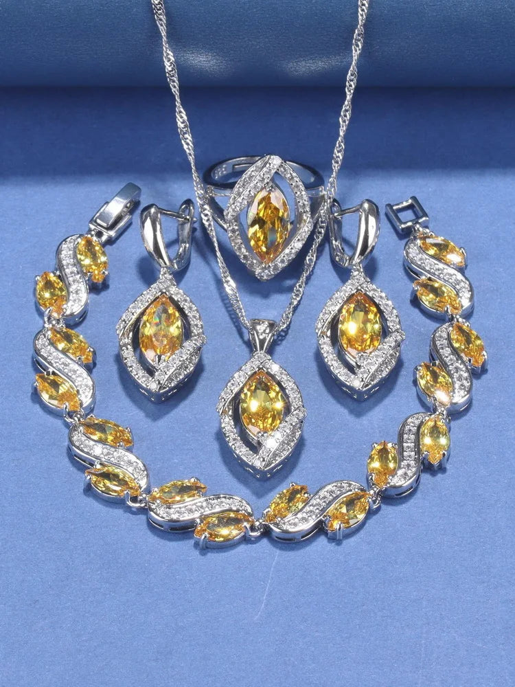 925 Silver Wedding Elegant Women Bridal Fine Jewelry With Natural Stone CZ Blue Bracelet Ring Earrings For Women Necklace Sets