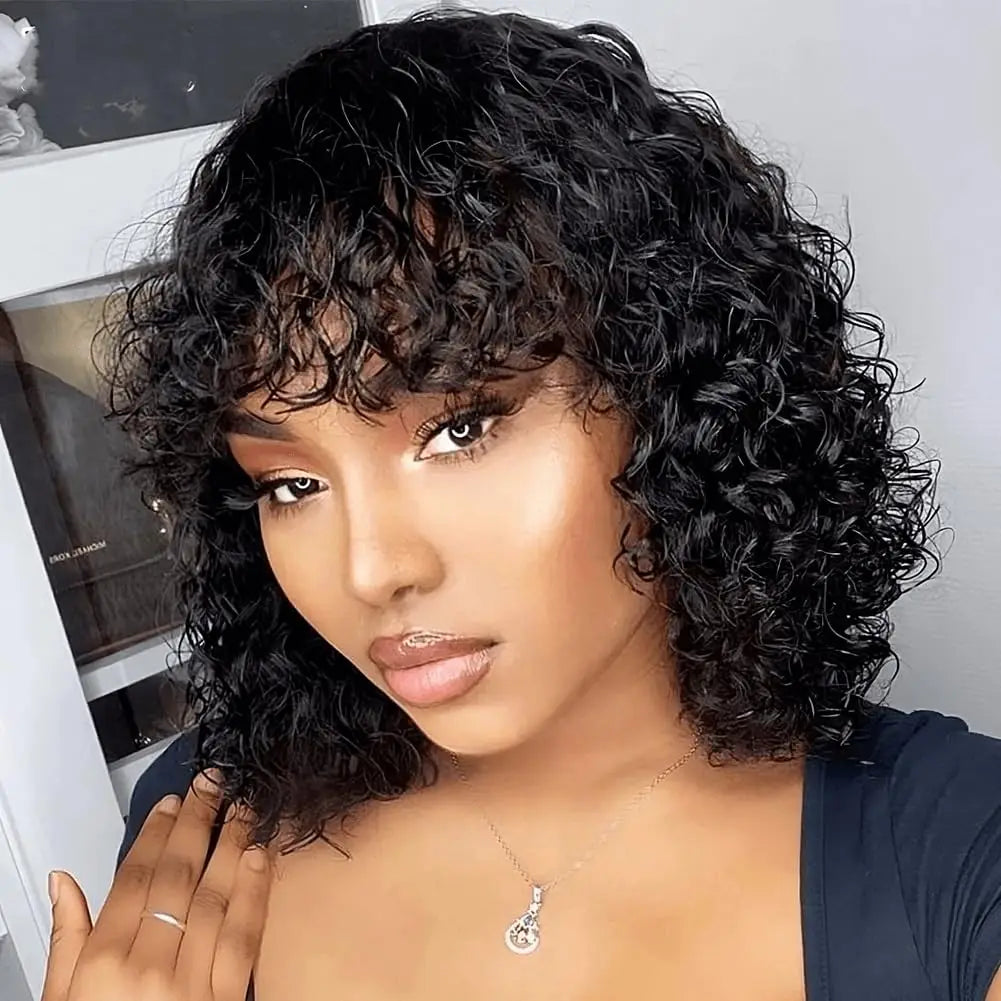 Kinky Curly Human Hair Wig with Bangs for Women