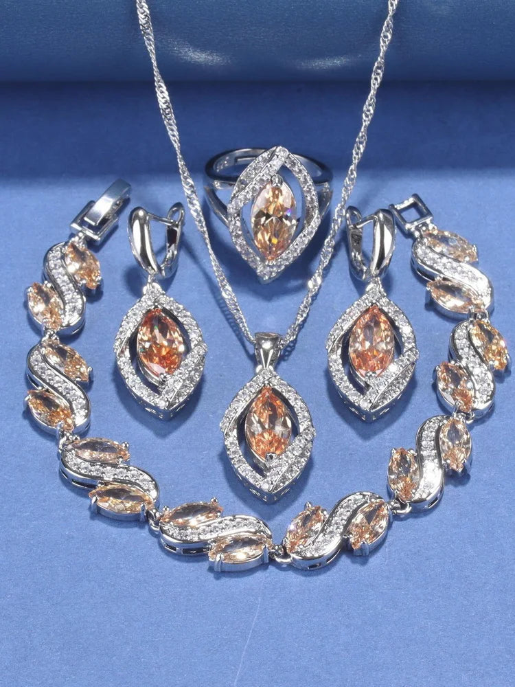 925 Silver Wedding Elegant Women Bridal Fine Jewelry With Natural Stone CZ Blue Bracelet Ring Earrings For Women Necklace Sets